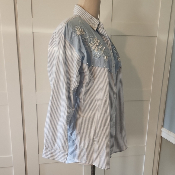 VINTAGE JANE ASHLEY Chambray WESTERN TOP w/ PEARLS  EMBROIDERY SZ 1X Blue Stripe - Picture 4 of 7